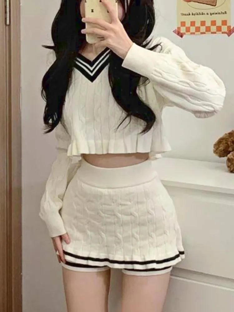 Summer Elegant Knitted Two Piece Set Women Korean Party Mini Skirt Set Female Bodycon Casual Tops + Vintage Skirt Suit 2023