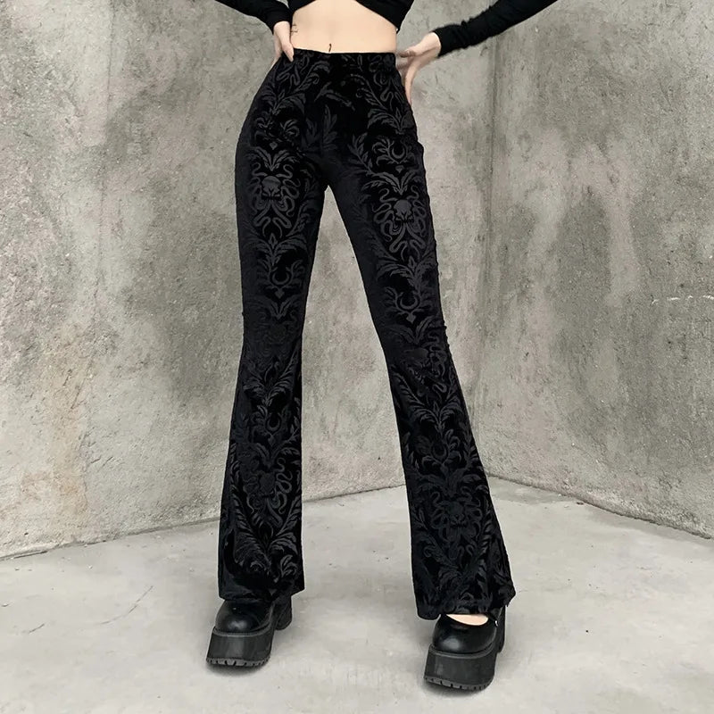 Y2K Velvet Pants Gothic See Through Winter Mesh Patchwork Grunge Streetwear Vintage Black E Girl Leg Belted Flared Pants