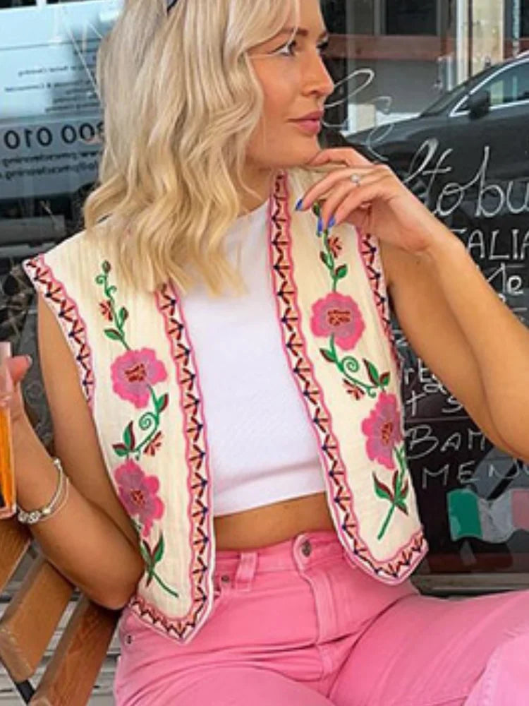 Elegant Floral Embroidered Women's Short Waistcoat Chic V Neck Sleeveless Cropped Cardigan 2024 Summer Female Party Fashion Tops