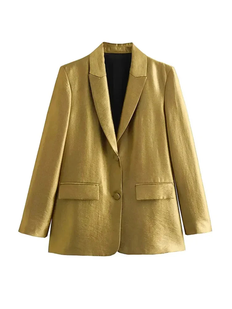 PICSGIRL -  2024 Spring Fashion Gold Blazer for Woman Casual V Neck Lapel Long Sleeve Jacket Button Up Pockets Women's Chic Blazer