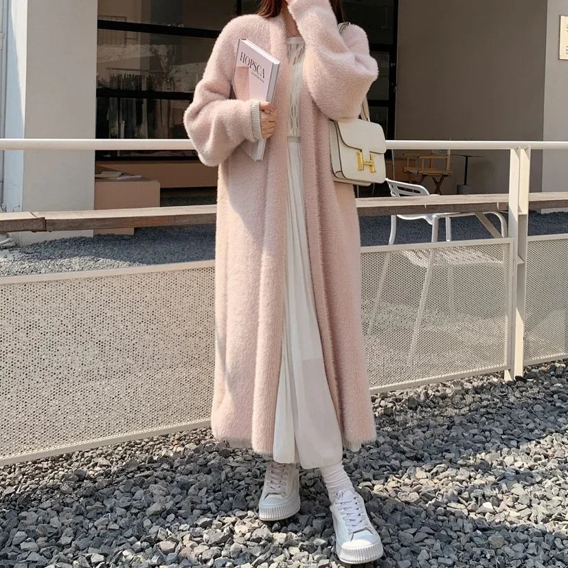 Elegant Long Knee-length Sweater Cardigan Autumn/winter New Idle Style Loose-fit Thickened Sweater Jacket Cross-border Korean