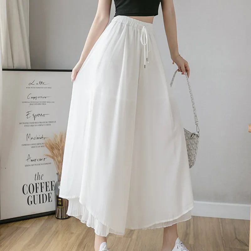 Elastic Wide Leg Pants Women Korean Fashion Chiffon Trousers Summer Casual Loose Pleated Pants Lady High Waist Street Skirt Pant