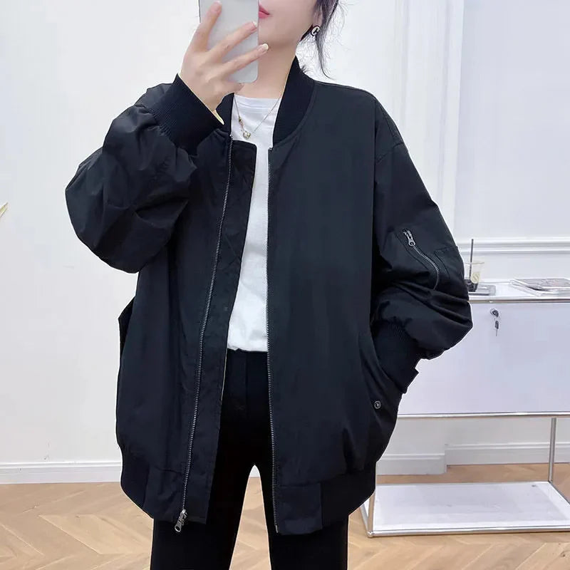 Y2K Autumn Oversized Solid Bomber Jacket Women Bf Harajuku Long Sleeve Stand Collar Zipper Coats Fashion Loose Casual Outerwear