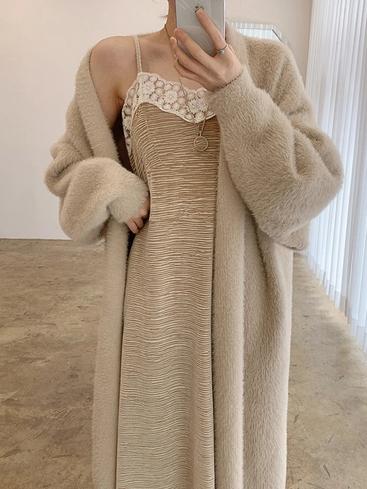 warmmeta Fluffy Long Cardigan Woman Autumn Winter Knitted Sweater Female Elegant Fashion Midi Knitwear Coat Ladies Sweet Loose Cardigans