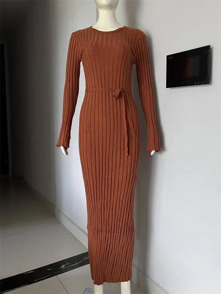 WARMMETA Lace-Up Female Knit Maxi Dress Autumn High Waist Fashion Patchwork Long Sleeve Loose Solid Dress Bandage Knitwear Dress