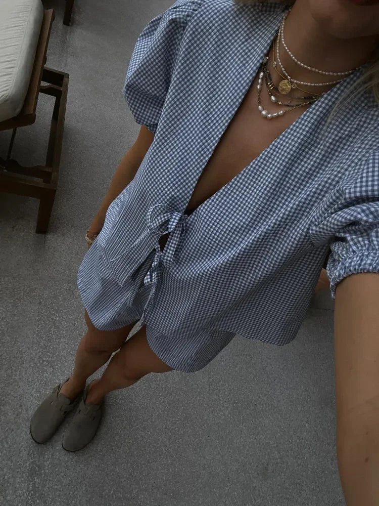 Summer Blue Plaid Printed Shorts Suit Women Chic V Neck Lace Up Puff Sleeves Cropped Tops Elastic Waist Short  Female Casual Set