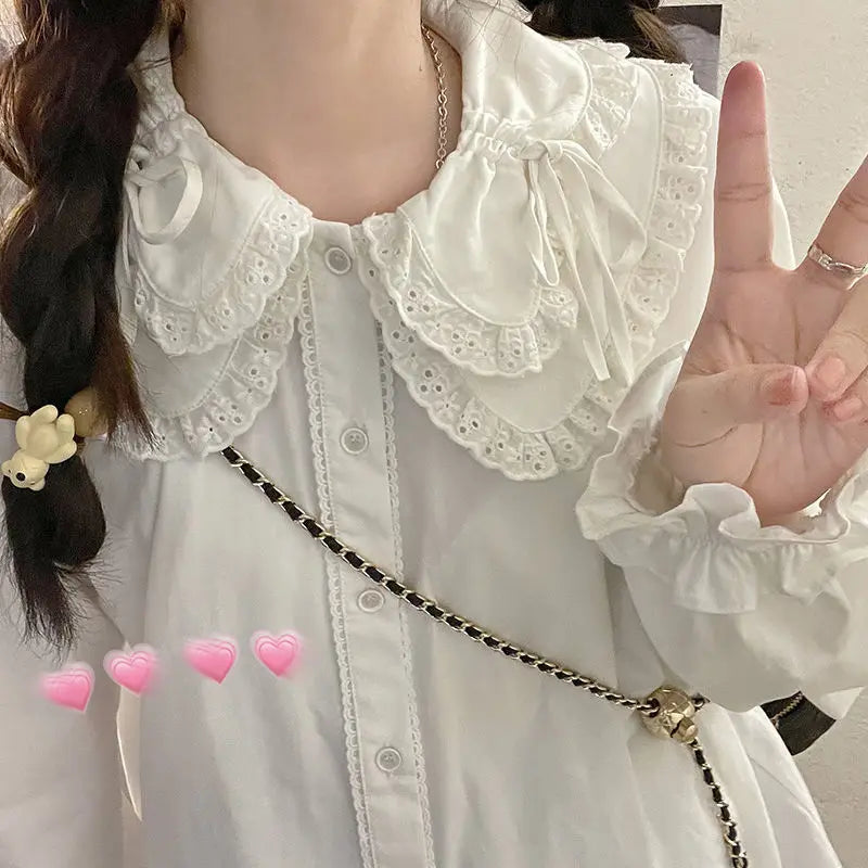 QWEEK Kawaii Lace Shirt White Peter Pan Collar Blouses with Lush Sleeve Fall 2021 Korean Lolita Preppy Style Button Up Cute Tops