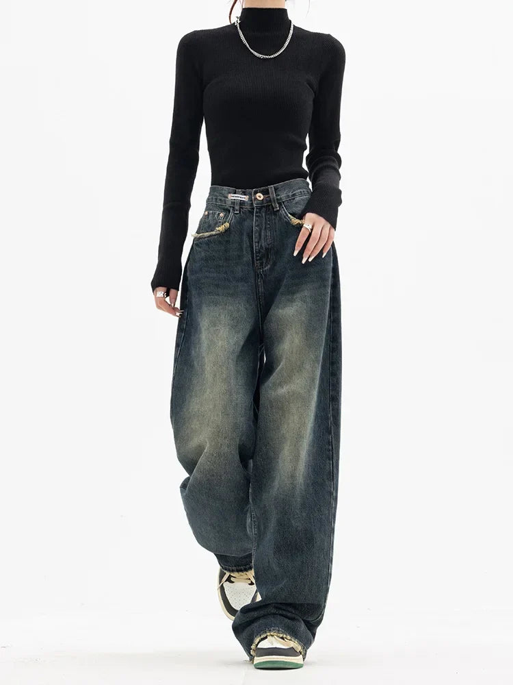 warmmeta Y2K Women Vintage Streetwear Korean Baggy Blue Jeans High Waist Straight Wide Leg Pants Denim Trousers Fairy Grunge Alt Clothes