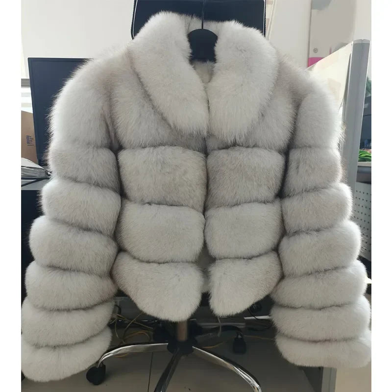 warmmeta Real Fur Jacket  Women Winter Short Natural real Fox Fur Lady Zipper Fur Coat Female Warm Jacket  with Collar