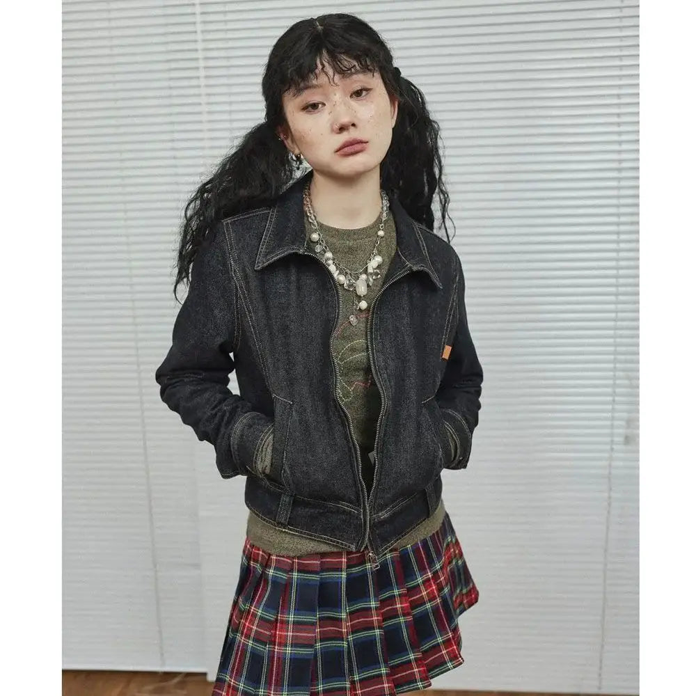 Deeptown Vintage Streetwear Cropped Jean Jacket for Women Grunge Kpop Zipper Long Sleeve Denim Coats Korean Distressed Outerwear