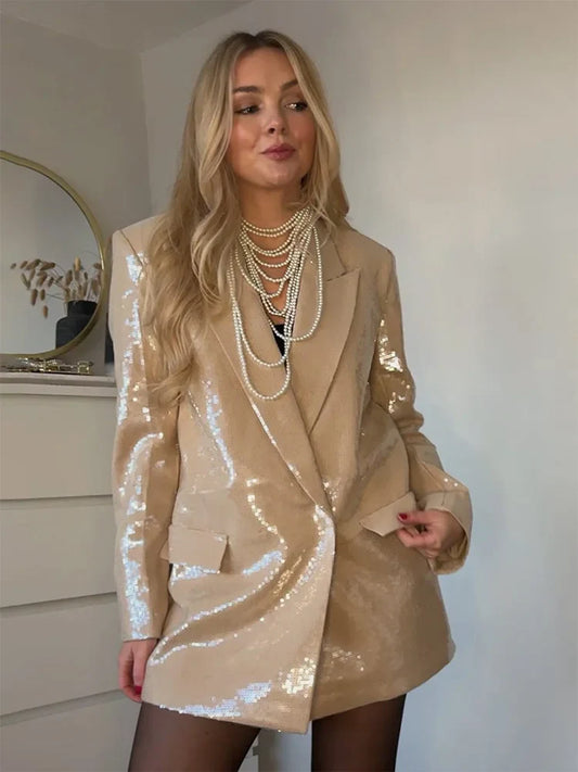 PICSGIRL -  Spring Chic Sequins Blazer for Woman Fashion Turn Down Collar Long Sleeves Jackets Pockets Oversize Female Casual Coats