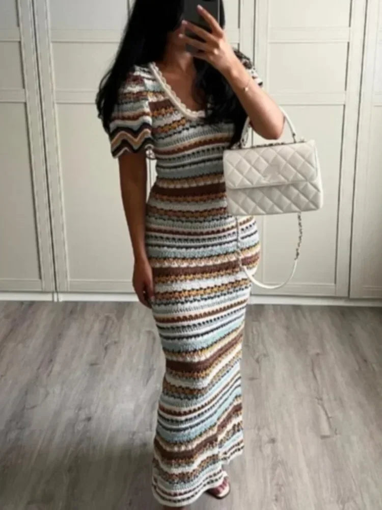 Beach Chic Rainbow Contrast Striped Knitted Maxi Dresses Female U-neck High Waist Slim Fit Vestidos Women Casual Holiday Dress