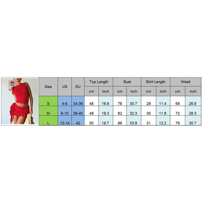 2 Piece Sets Women Outfit Summer Solid Color Sleeveless Mesh Tank Top and Ruffle Mini Skirt y2k Clothing Streetwear