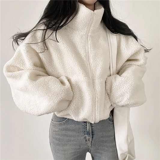 Fleece Hoodie Thickened Warm Women Zippe Sweatshirts No Hood Women'S Stand Collar Short Loose Plush Coats Winter Zipper Jackets