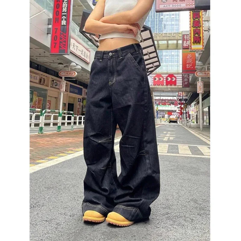 Grunge Y2k Black Jeans Women Vintage Oversized High Street Cargo Denim Trousers Wide Casual Baggy Straight Denim Pants