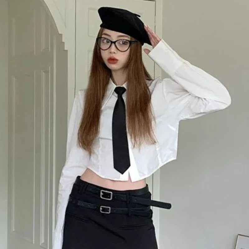 Preppy White Crop Shirts Women Korean Fashion Jk Tie Long Sleeve Blouse Student College Retro Solid Slim All Match Tops