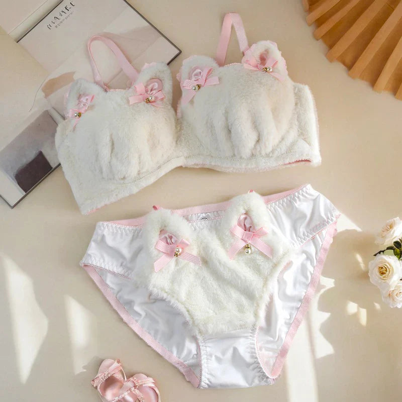 Soft Kawaii Kittens with Bow Lingerie Set