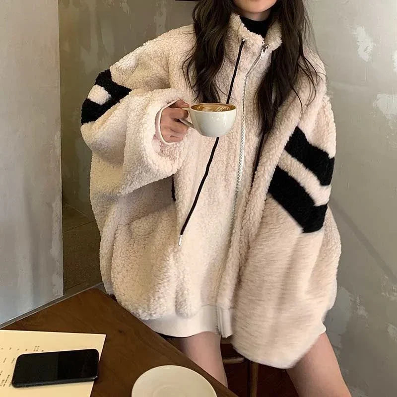 Deeptown Women Zipper Jackets Harajuku Oversized Hoodies Korean Streetwear Faux Lamb Fleece Winter Stripe Coats Casual Outerwear