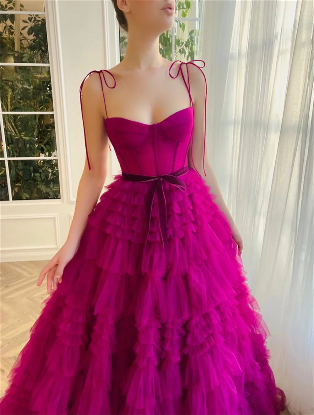 Gorgeous Prom Dress Sexy Spaghetti Strap Fuchsia  Multilayer Tulle A-line Prom Dress Princess Puffy