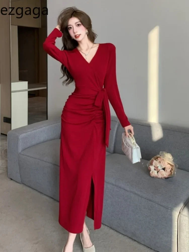 WARMMETA Sexy Dresses Women French Style Chic Bandage Elegant Slim Split V Neck Solid Vintage Dress Autumn Winter Ladies Basic