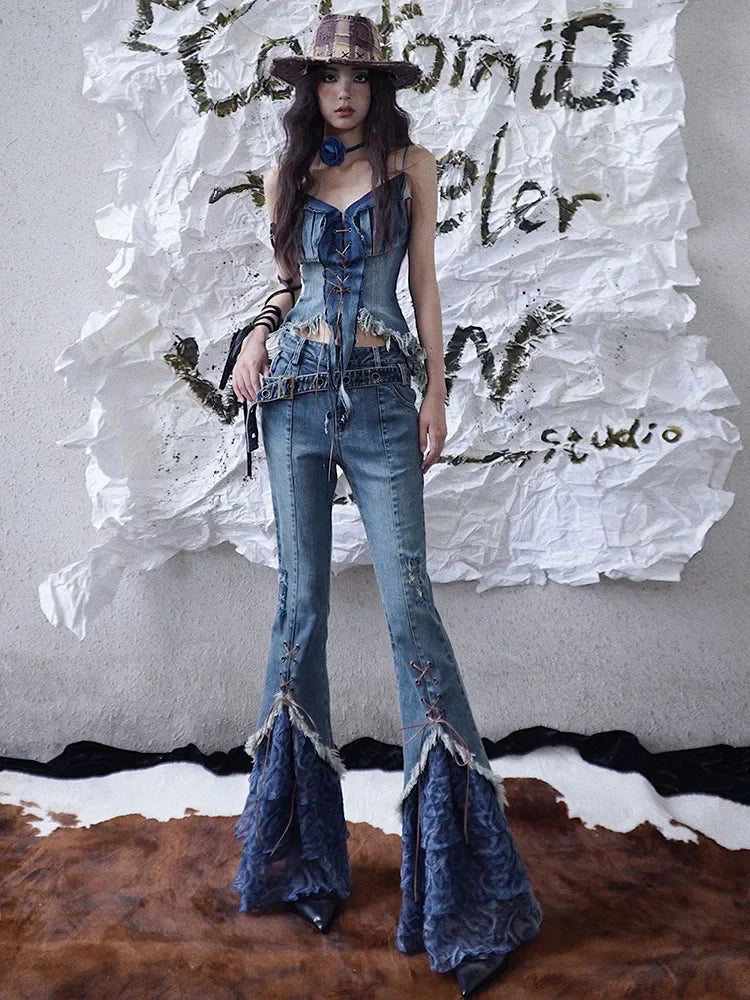 New Spring Autumn Streetwear Harajuku Punk Gothic Hot Girl Blue Bandage Stitching Denim Pants Fashion High Waist Slim Pant