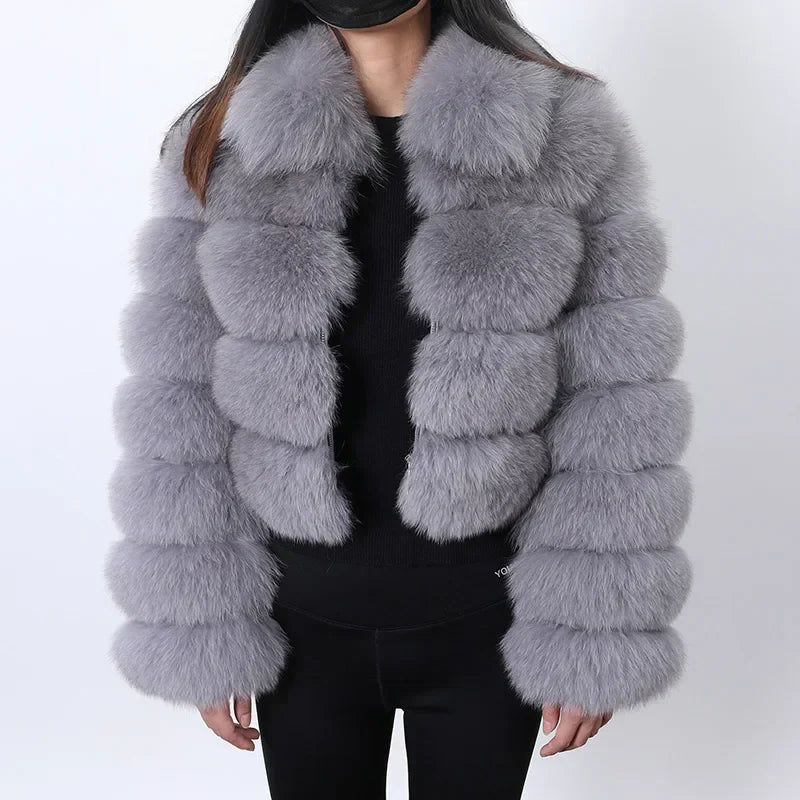 warmmeta Real Fur Jacket  Women Winter Short Natural real Fox Fur Lady Zipper Fur Coat Female Warm Jacket  with Collar