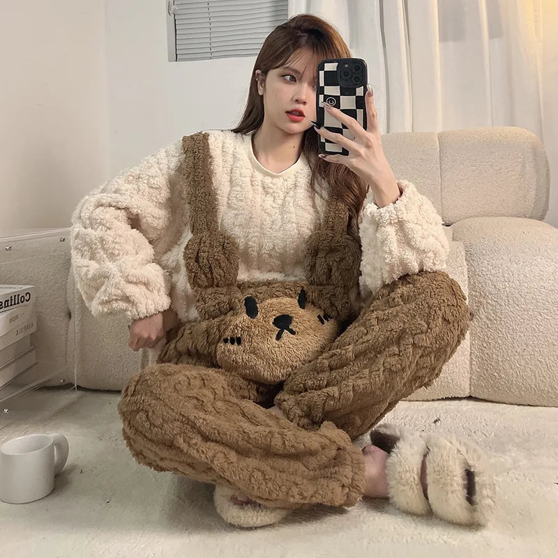 Winter Thicken Women Pijamas Sets Korean Girls Soft Warm Sleepwear Pyjama Pour Femme Cartoon Bear Cute Pajamas Long Sleeve Pants