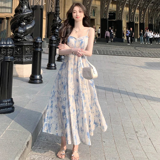 Summer Print Elegant Beach Dress New Women Vintage Pearl Beading Sweet Midi Dress Female Princess Fairy Strap Evening Dress