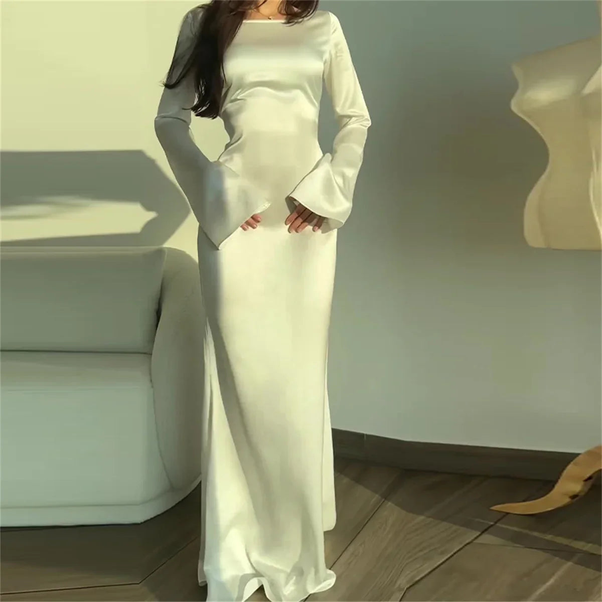 Women Elegant Long Dresses 2024 Fashion Simple Round Neck Satin Flare Sleeve Lace Up Slim Party Prome Maxi Dress Evening Gown