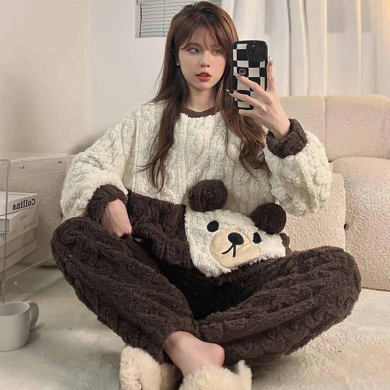 Winter Thicken Women Pijamas Sets Korean Girls Soft Warm Sleepwear Pyjama Pour Femme Cartoon Bear Cute Pajamas Long Sleeve Pants