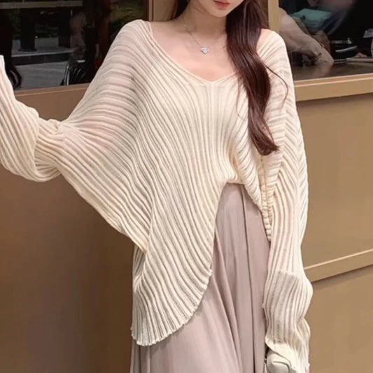 Sexy Chic Sweet Knit Blouse Women Y2k V Neck Loose Casual Shirts Women Office Ladies Tops Elegant Solid Clothes Jumpers&nbsp;