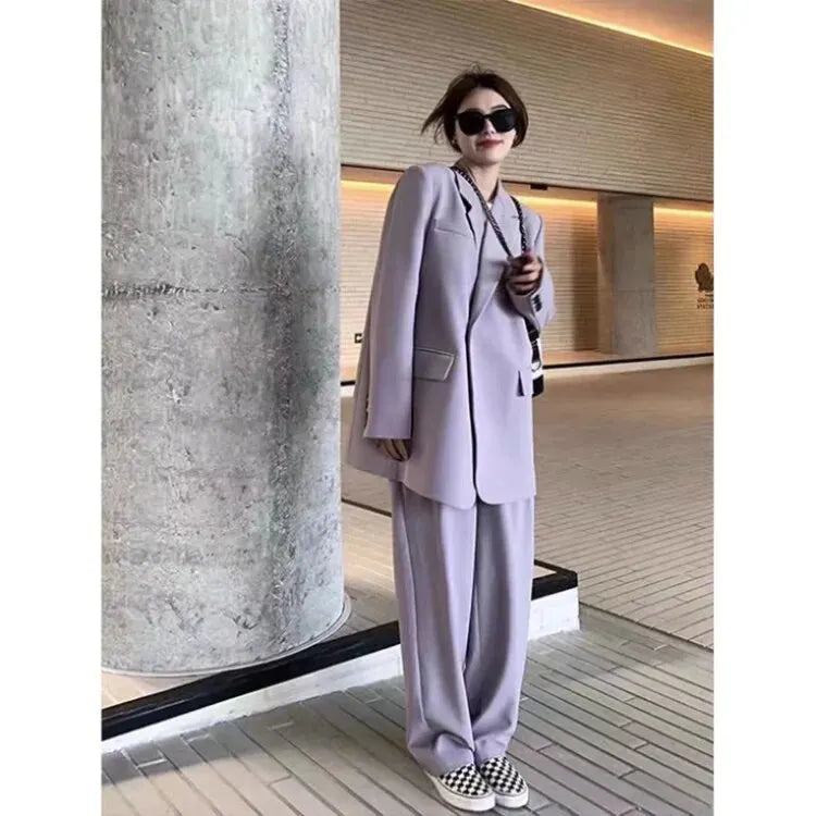 Fashionable Casual High-end Western Clothes Coat Women Spring Autumn Loose Slim Two-piece Western Clothes Set Tea Gray Pants