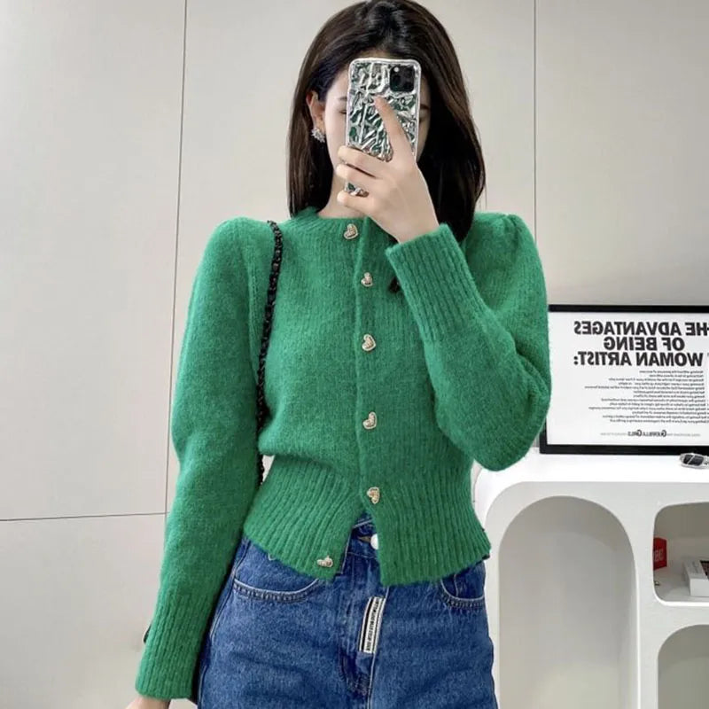 Biyaby Sweet Heart Buttons Sweater Coat Women Autumn Winter Gentle Style Solid Knitted Cardigans Woman Korean Loose Short Jacket