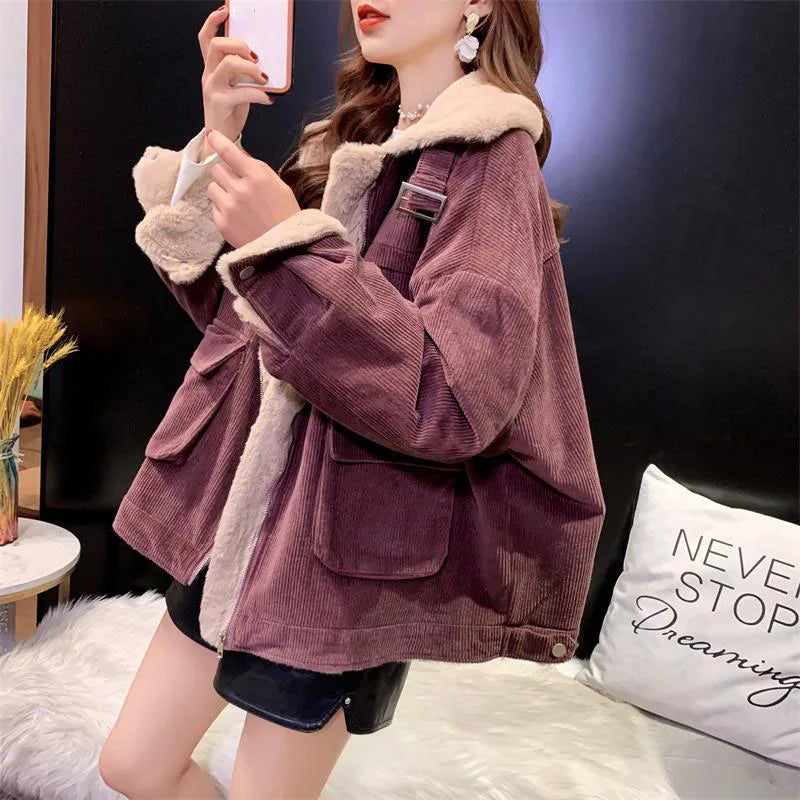 Biyaby New Autumn Winter Warm Corduroy Jacket Women Casual Loose Thicken Plush Coat Woman Korean Pocket Zipper Lamb Wool Parkas