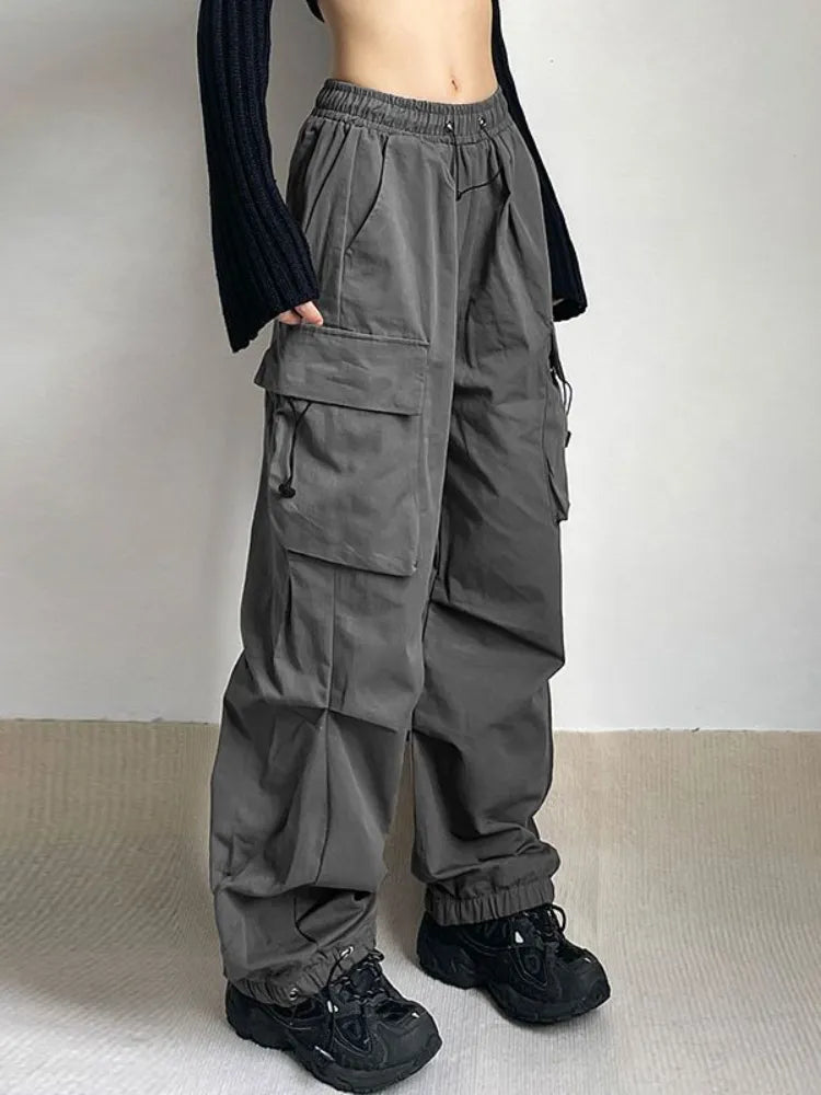 HOUZHOU Harajuku Oversized Cargo Parachute Pants Women Streetwear Vintage Y2k Hip Hop Wide Leg Joggers Baggy Sweatpants Techwear