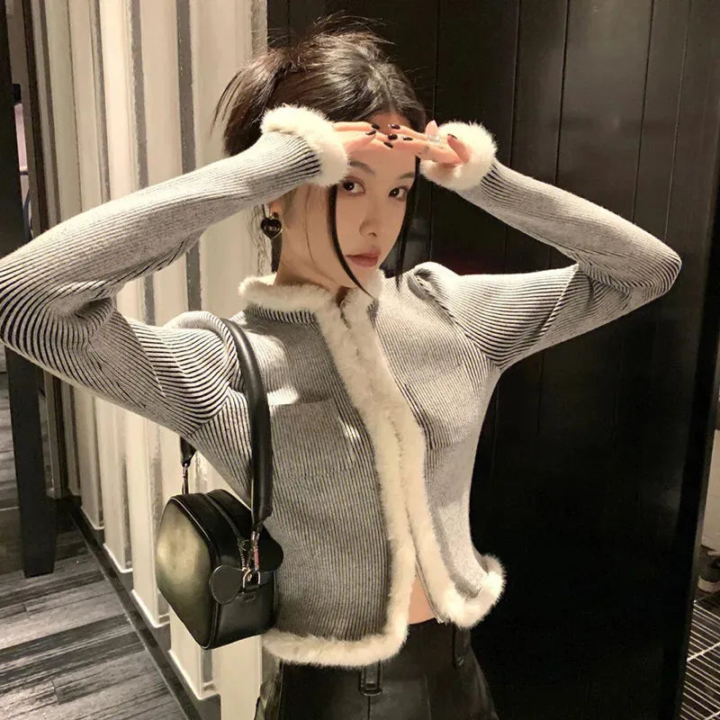 Xpqbb Gray Hairy Patchwork Cardigan Women Korean Chic Slim Fit Pockets Short Jacket Ladies Autumn Winter Wild Long Sleeve Coat