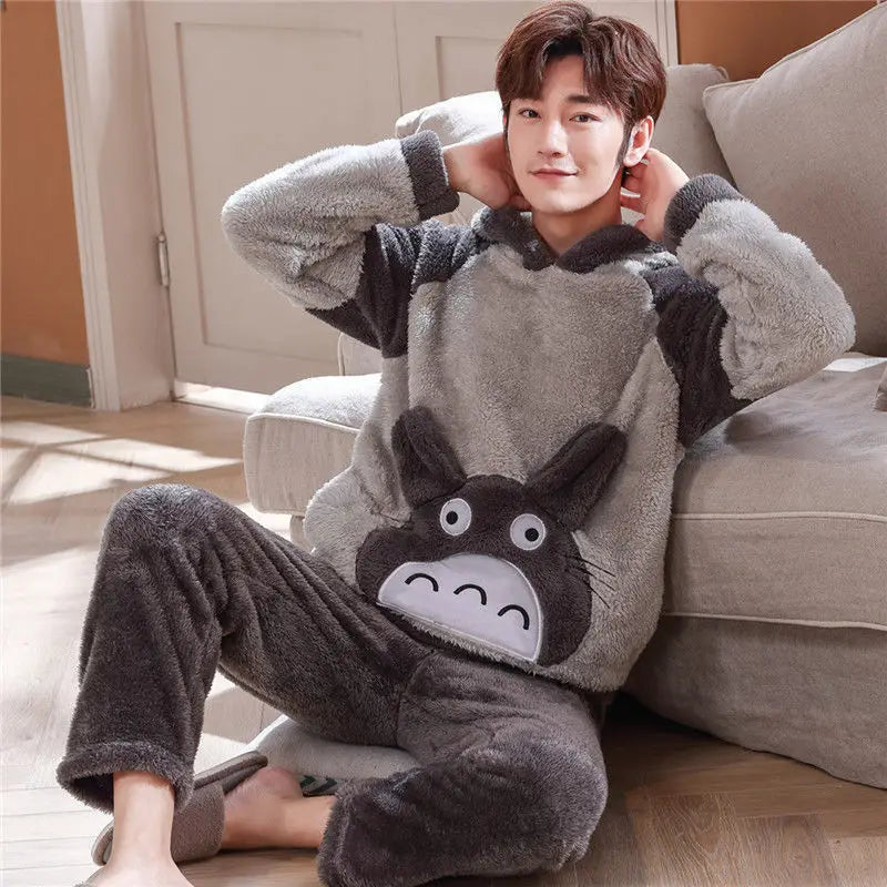 Autumn Winter Homewear Coral Fleece Men Pajamas Thick Fur Flannel Cartoon Male Loungewear Sets Plus-size Loungewear Suit Pyjamas