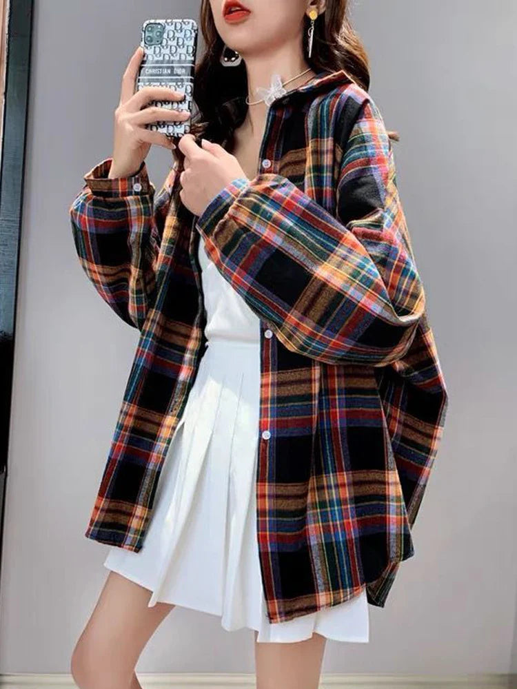 warmmeta Plaid Shirt Women Autumn Long Sleeve Top Female Vintage Fashion Single Breasted Blouse Ladies Preppy Style Loose Check Shirts