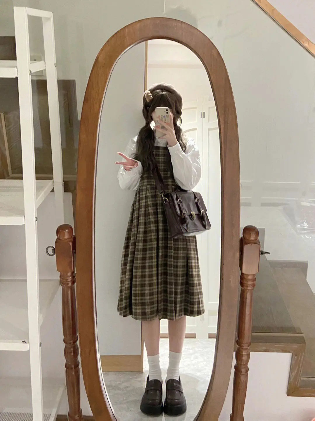 Cozy Treehouse Plaid Dark Academia Pinafore Dress