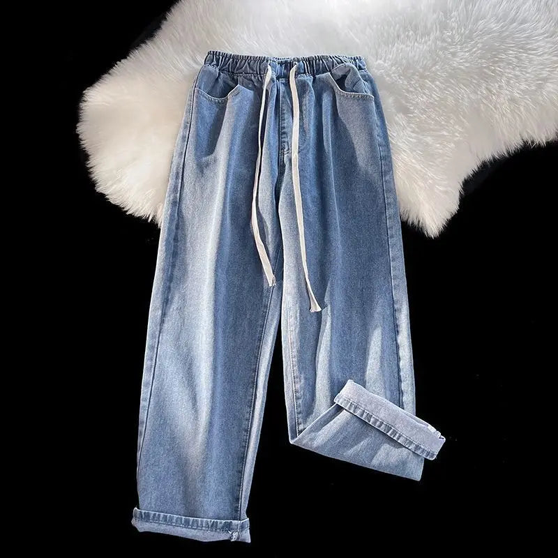 Autumn and Winter Padded and Thickened Jeans Men's Loose Straight Elastic Waist Wide-leg Trousers Casual Trousers