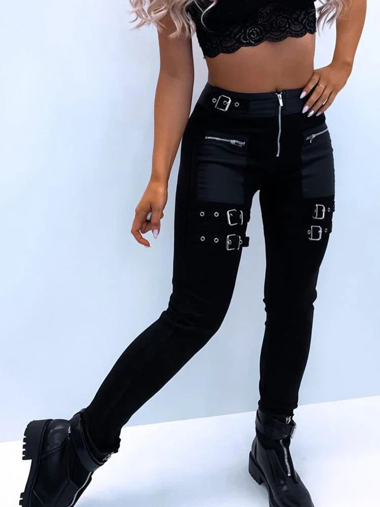 Patchwork Pants Women Autumn Eyelet Buckled High Waist Zipper Design Skinny Long Pants All-Match Female YK2 Streetwear