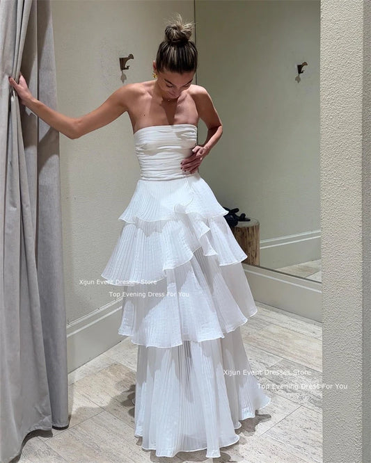 Elegant A line Long White Tiered Prom Dress 21th Birthday Outfits