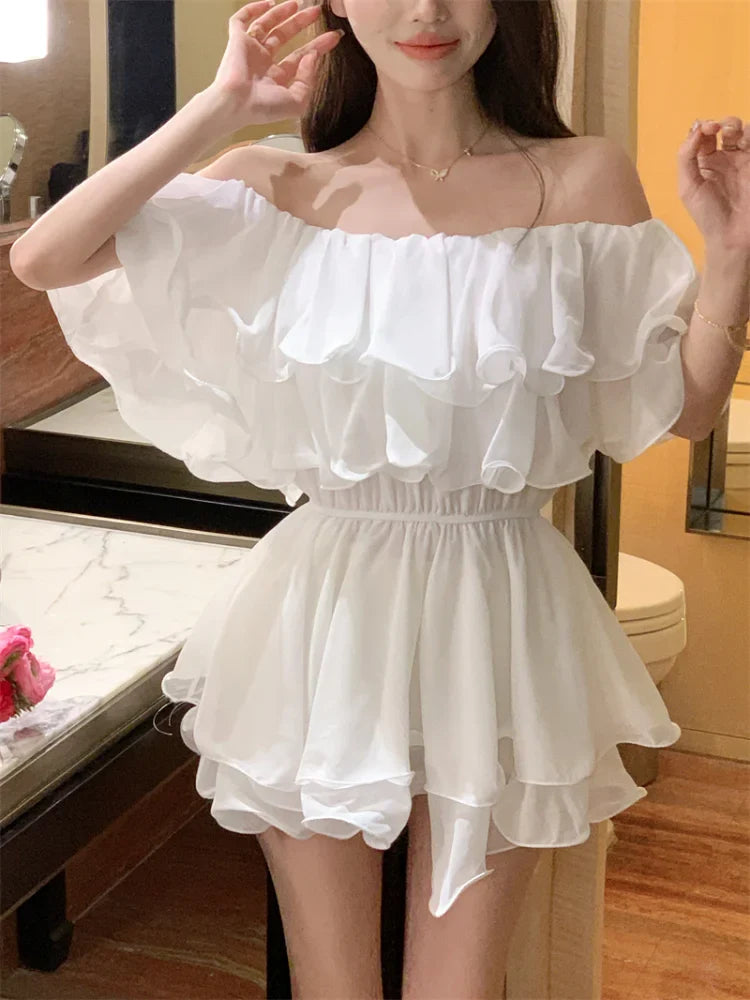 WARMMETA Dresses Women Off Shoulder Slash Neck Ruffles Sexy Spring Summer Patchwork Solid Loose Elegant Mini Dress Ladies Fashion