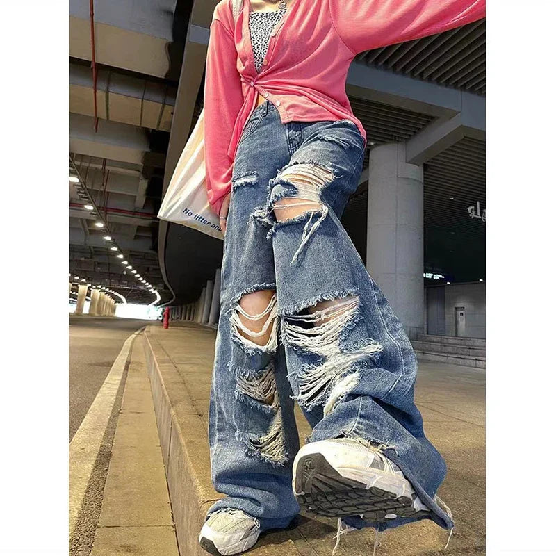 warmmeta Streetwear Straight Pants Ladies Ripped Jeans High Waist Loose Wide Leg Pants Ladies Jeans Y2K Plus Size High Street Jeans