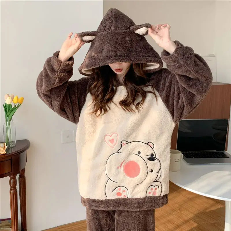 Flannel Pajamas Women Winter Loungewear Girls Sleepwear Suit Thick Cartoon Nighty Coral Velvet Kawaii Famale Home Clothes Sets