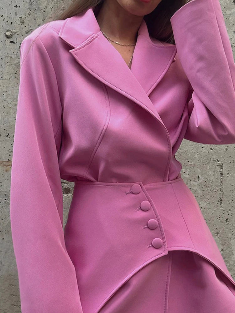 Slim Long Blazer Suits For Women Fashion Pink High Waist Skirts Female Turn Collar Blazer 2 Piece Sets Womens Outfits New