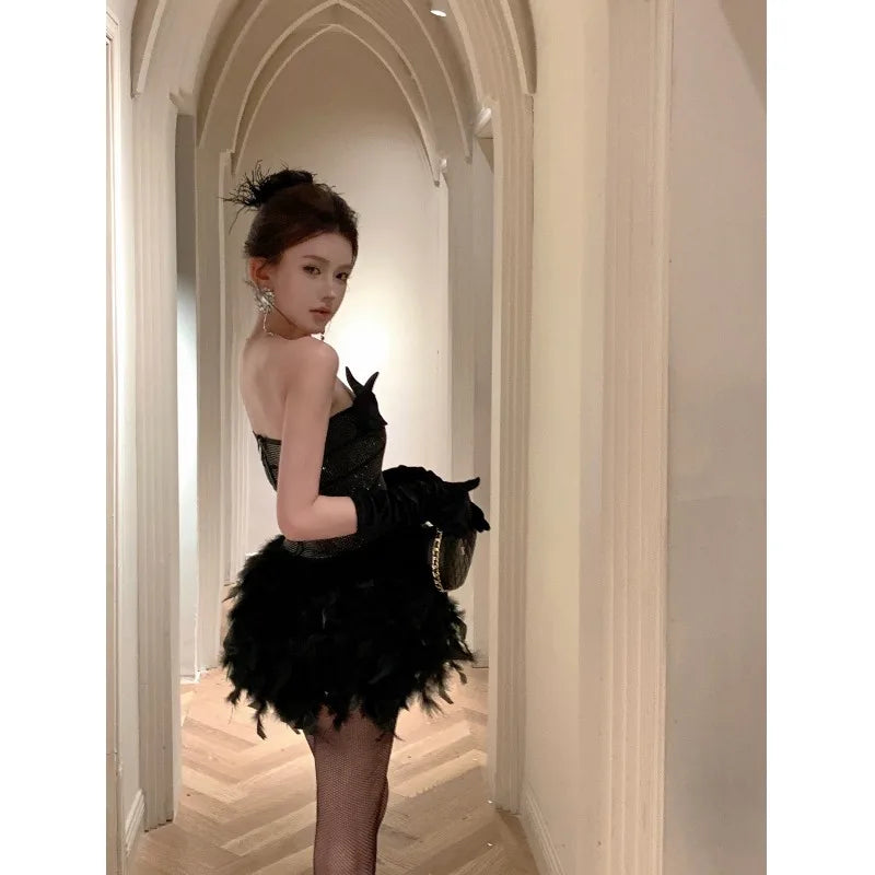 WARMMETA Girl Sexy Hot Diamond Slim Fit Lace-up Dress Women's Autumn/Winter Spliced Feather Strapless Bottom Dress Female Clothes