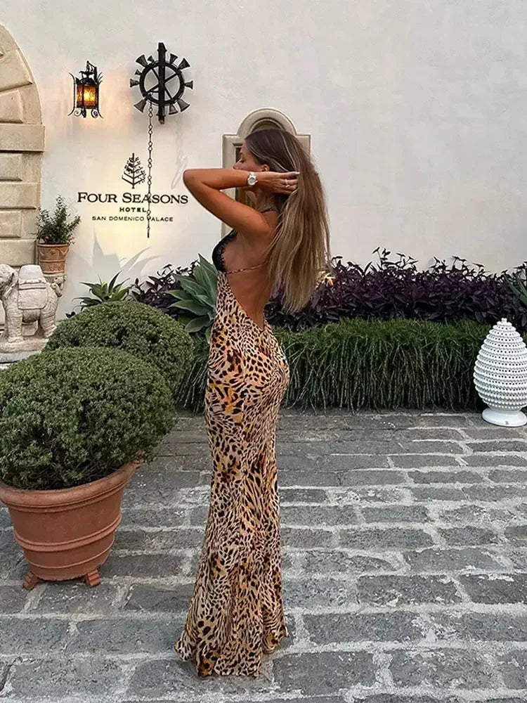 Picsgirl -  Sexy Leopard Lace Patchwork Maxi Halter Dress For Women Fashion Deep V Neck Backless Long Dresses 2024 Female Holiday Vestidos