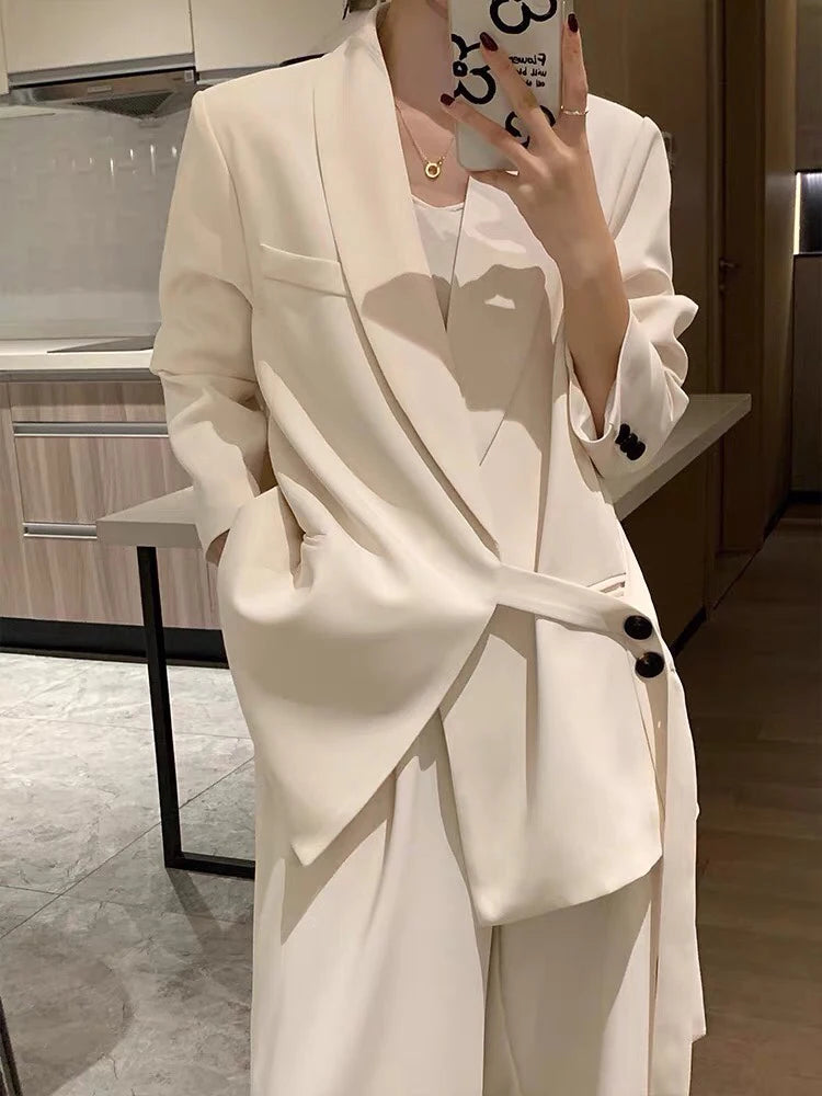 Office Lady Blazer Belt Pant Suits Women's Pantsuit Korean Version Notched Baggy Pants Autumn Elegant Euality Chic Women Outfit