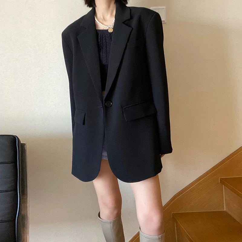 Syiwidii Office Ladies Black Blazer Jacket for Women Turn Down Collar Single Button Korean Vintage Slim Outerwear Stylish Tops